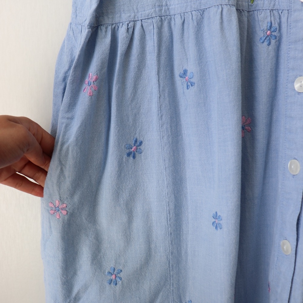 Vintage 90's Y2K Embroidered Cotton Chambray Denim Cottagecore Button Maxi Dress - Picture 4 of 9
